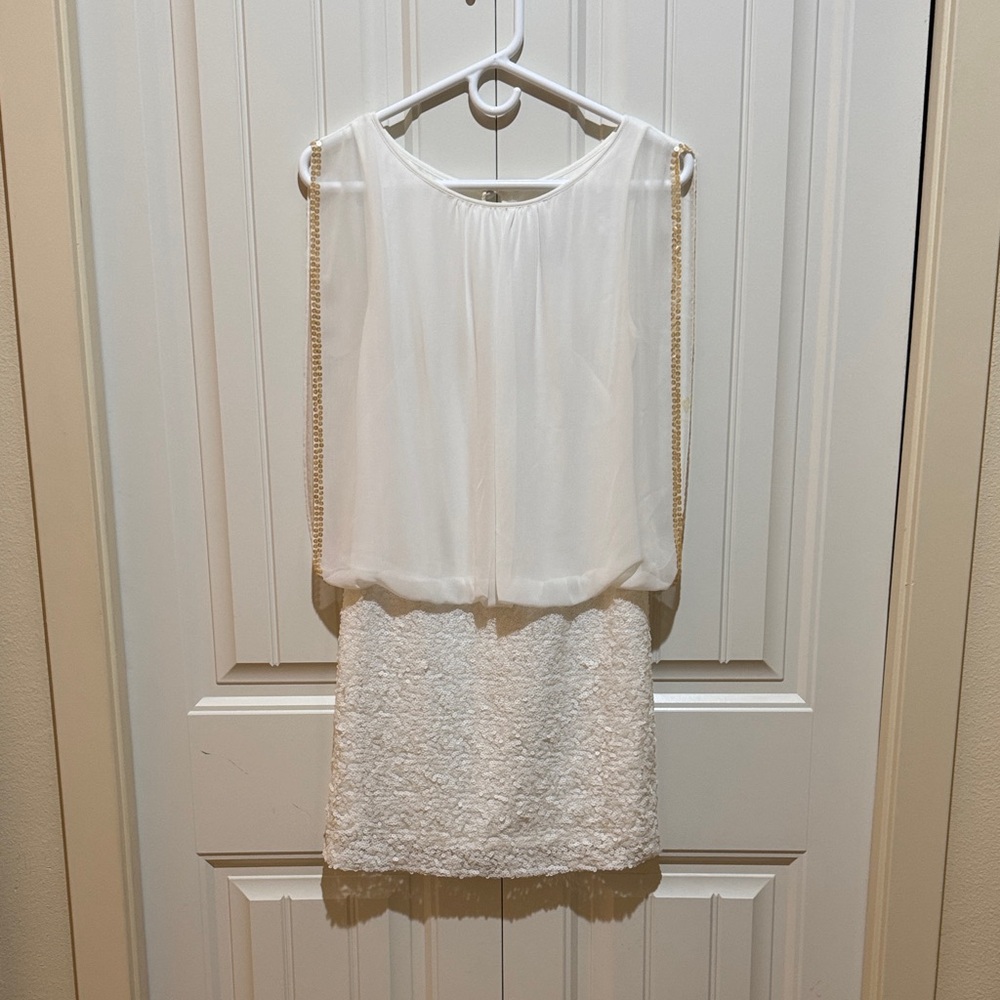 Cache White Chiffon Sequined Mini Dress